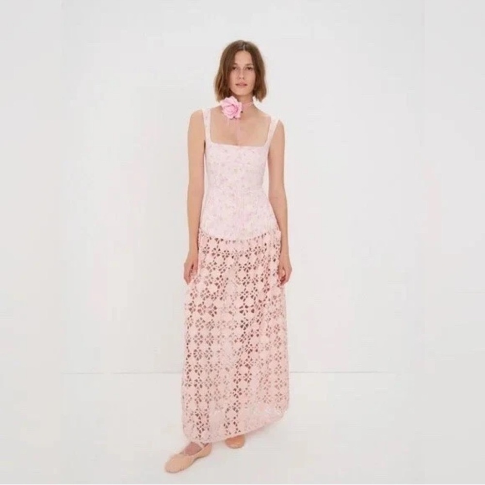 For Love & Lemons Silvia Floral Lace Maxi Dress Pink M Corset Bodice Cutout Back